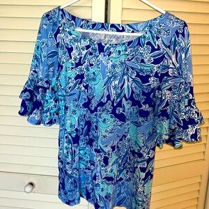 Lily Pulitzer blue purple‎ ruffle sleeve top koala pattern S NWOT